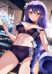 1girls 2022 blush booty_shorts braided_hair breasts female female_only fit fit_female genshin_impact gym hair_ornament holding_object huge_breasts indoors long_hair looking_at_viewer purple_eyes purple_hair raiden_shogun short_shorts shorts sports_bra sportswear squchan very_long_hair water_bottle workout_clothes yoga_mat