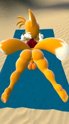 3d_(artwork) 4k 9:16 absurd_res anthro ass balls beach beach_towel blue_eyes canid canine clothing digital_media_(artwork) feet fox fur genitals hi_res humanoid_genitalia loaq195 looking_at_viewer looking_back male mammal nude nude_beach orange_body orange_fur red_clothing seaside sega smile solo sonic_(series) source_filmmaker swimwear tails towel video_games