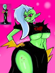 disney disney_channel dress gloves green_skin huge_breasts lord_dominator red_eyes rlcompact_ thick_thighs tight_clothing wander_over_yonder white_hair