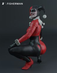 1girls 3d batman:_arkham_knight batman_(series) blender blue_eyes clothed_female dc dc_comics female female_only fisherman harley_quinn harley_quinn_(classic) harley_quinn_(injustice) injustice_2 jester jester_cap jester_costume light-skinned_female light_skin mask masked masked_female solo watermark