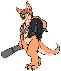 anthro ass_visible_while_carried bodily_fluids bottomless breasts carried carrying carrying_over_shoulder clothed clothing club_(weapon) dominant dominant_female duo female genitals hi_res kangaroo kobold larger_female macropod male male/female mammal marsupial melee_weapon pussy reptile scalie size_difference smaller_male submissive submissive_male sweat torn_clothing trout_(artist) weapon worried