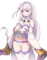 1girls 40hara bangs bare_belly bare_shoulders bare_stomach bare_thighs belly belly_button braid clothed clothes_lift covered_breasts crown_braid disgusted disgusted_look elf elf_ears elf_female elf_girl emilia_(re:zero) female female_focus female_only green_jewel hair_flower hair_ornament half-elf half_elf lifted_skirt lifting_skirt long_hair looking_at_viewer medium_breasts neck_jewelry open_eyes open_mouth pointy_ears purple_eyes re:zero_kara_hajimeru_isekai_seikatsu showing_panties sidelocks silver_hair simple_background skirt skirt_lift solo solo_female solo_focus standing teenage_girl teenager thick_thighs thighhighs thighs upskirt white_background white_clothing white_dress white_flower white_hair white_legwear white_panties white_pants wide_hips wide_sleeves x_hair_ornament