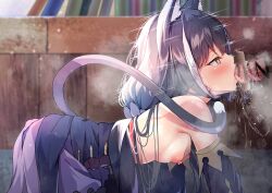 1boy all_fours animal_ear_fluff animal_ears bangs bar_censor black_hair blue_dress blush breasts cat_ears cat_girl cat_tail censored clothes_pull detached_sleeves dress dress_pull fellatio female green_eyes highres karyl_(princess_connect!) long_hair low_ponytail madotsukumo nipples oral penis princess_connect! saliva shiny shiny_hair small_breasts solo_focus tail tail_raised