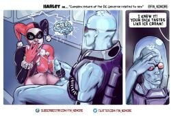 1boy 1girls blowjob comic costume cum cum_in_mouth dc dc_comics female harley_quinn harley_quinn_(classic) mr._freeze oral superheroine text