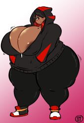 1girls areola_slip areolae bbw big_ass big_breasts cleavage dark-skinned_female gammanaut gradient_hair hands_in_pockets heart-shaped_pupils hoodie huge_ass huge_breasts large_ass large_breasts mole_on_breast nipple_bulge overweight overweight_female shadow_the_hedgehog solo solo_female solo_focus sonic_(series) wide_hips zipper zipper_down