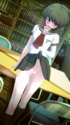 3d blush caught caught_in_the_act danganronpa danganronpa:_trigger_happy_havoc danganronpa_1 danganronpa_ultra_despair_girls embarrassed exhibitionism exposed exposed_pussy fukawa_touko koikatsu lifting_skirt naegi_komaru no_panties pussy straight_hair ultimateenf upskirt