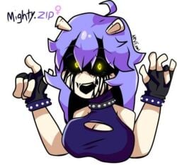 artist_request big_breasts cleavage fingerless_gloves friday_night_funkin friday_night_funkin_(d-side) mighty.zip purple_hair rule_63 sleeveless_shirt sonic.exe_(d-side) yellow_eyes