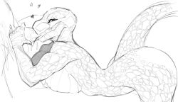 anthro ass black_and_white blowjob breasts commission cum cum_drip cum_dripping cum_in_mouth dare_to_exist eyelashes fellatio female handjob heart hips humanoid licking_penis lizard lizard_girl lizard_humanoid looking_back male male/female penis reptile reptile_humanoid scales scalie semen semen_in_mouth sex snake snake_girl tail tongue two_tone_body two_tone_scales