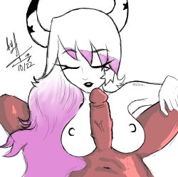 1boy 1boy1girl 1girls anthro big_penis blitzo_(helluva_boss) breast_play breasts canon_couple closed_eyes couple demon demon_humanoid duo erection faceless_character faceless_male female genitals hair helluva_boss hi_res horn humanoid humanoid_on_anthro imp interspecies lipstick male male/female multicolored_hair nibirux nipples nude open_mouth open_smile paizuri penis pink_hair red_body sex simple_background smile straight succubus tattoo teeth text thick_thighs titjob two_tone_hair vein veiny_penis verosika_mayday_(helluva_boss) white_hair