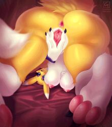 2022 animated anthro anus ass bandai_namco breasts claws completealienation digimon digimon_(species) female fur genitals gs nipples pawpads pussy renamon solo spread_pussy spreading yellow_body yellow_fur