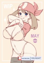 alternate_breast_size artist_signature blue_eyes blush bra brown_hair large_breasts licking_lips may_(pokemon) misune_art pokemon pokemon_rse shirt_lift stockings thong wip