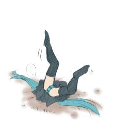 ... black_thighhighs buried hair hatsune_miku humiliation inugami-ke_no_ichizoku_pose skirt striped_panties struggling stuck stuck_in_ground vocaloid