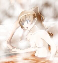 brown_eyes brown_hair eyebrows_visible_through_hair female female_focus hetare_(pixiv) hot_spring parted_lips ponytail seitokai_yakuindomo small_breasts solo_focus standing_in_water steam