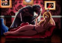 1boy 1girls arm_guards barefoot before_sex brown_hair cape couch feet gloves green_eyes hair_censor hair_over_breasts hatake_kakashi indoors lipstick long_hair lying lying_on_side makeup male/female mask masked masked_male mei_terumi naruto naruto_(series) naruto_shippuden necrohound no_bra on_couch panties pants short_hair silver_hair smile standing straight tied_hair topknot topless very_long_hair vest