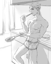 1boy boxers boxers_only bulge chopsticks eating_food erection_under_clothes holding_object jojo's_bizarre_adventure jotaro_kujo kitchen less_end male male_only muscular_male pubic_hair seductive seductive_look skillet solo solo_male stardust_crusaders