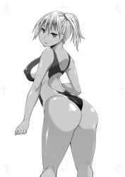 alternate_breast_size areolae ass asymmetrical_hair bare_shoulders blush breasts competition_swimsuit covered_erect_nipples creatures_(company) female game_freak gen_1_pokemon gym_leader highleg highleg_swimsuit kasumi_(pokemon) knees large_breasts legs lips looking_at_viewer looking_back monochrome nintendo one-piece_swimsuit open_clothes pokemon pokemon_(game) pokemon_rgby ponytail puffy_areolae satsuki_imonet shiny shiny_skin short_hair side_ponytail simple_background solo spread_legs swimsuit tan thighs wide_hips