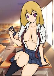 1girls ann_chica_(fnafhs) artist_request blonde_hair breasts cellphone chica_(fnafhs) fhs fhsz3r0 fnafhs fnafhs_z3ro fnafhsrule34 holding holding_cellphone holding_object medium_breasts no_bra purple_eyes school_uniform schoolgirl short_hair sitting sitting_on_desk sole_female tagme uniform