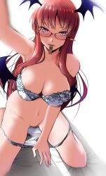 arm_up bangs bare_shoulders bat_wings bespectacled blush bra breasts chocolate cleavage collarbone demon demon_girl eyebrows_visible_through_hair female food_in_mouth glasses groin head_wings highres koakuma large_breasts long_hair looking_at_viewer mouth_hold navel panties panty_pull pointy_ears red-framed_eyewear red_eyes red_hair simple_background solo succubus touhou underwear underwear_only very_long_hair white_background white_bra white_panties wings yumi_(careca398)