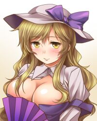 1girls blonde_hair blush breasts cleavage female golden_eyes gradient gradient_background hand_fan hat hat_ribbon juliet_sleeves kei_kei large_breasts long_hair long_sleeves looking_at_viewer open_clothes open_shirt puffy_sleeves ribbon shirt simple_background smile solo tagme touhou watatsuki_no_toyohime white_shirt