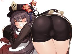 ass bending_over blush butt cameltoe clothed clothed_female genshin_impact grin grinning hu_tao_(genshin_impact) kimofest presenting_hindquarters shorts smile smiling_at_viewer symbol-shaped_pupils tagme