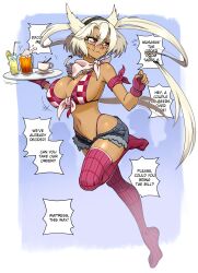 1girls alternate_costume breasts cutoffs dark-skinned_female dark_skin english_text female front-tie_top glasses highleg highleg_panties highres holding holding_tray kantai_collection kawa-v large_breasts micro_shorts musashi_(kantai_collection) panties pointy_hair rectangular_eyewear red_eyes red_panties red_thighhighs semi-rimless_eyewear short_hair_with_long_locks shorts slutty_outfit solo speech_bubble thighhighs tray twintails underwear waitress white_hair