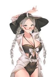 1girls absurdres ahoge alternate_costume bangs black_swimsuit breasts brooch cameltoe cleavage collared_shirt commission cosplay crossover female female_only fire_emblem fire_emblem_fates friday_(granblue_fantasy) friday_(granblue_fantasy)_(cosplay) glasses granblue_fantasy grayfox hat highres jewelry large_breasts nail_polish nina_(fire_emblem) nintendo non-web_source official_alternate_costume one-piece_swimsuit red_nails shirt solo sun_hat swimsuit thighs tongue tongue_out upper_body