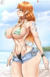 1girls almualim big_breasts bikini bimbo bimbo_body breasts busty choker curvy daniel_ahumada female female_only jean_shorts jeans large_breasts long_hair micro_shorts minishorts nami nipple_bulge one_piece orange_eyes orange_hair post-timeskip round_ass shorts side_view sideboob solo tattoo thick_thighs thighs thong voluptuous