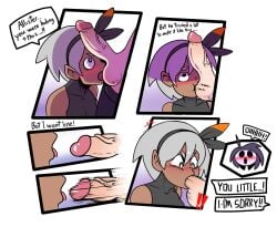 1boy allister_(pokemon) bea_(pokemon) blowjob english_text erection fellatio female hardened-onix onion_(pokemon) penis pokemon pokemon_ss purple_hair testicles text thegreyzen thehornyzen white_hair