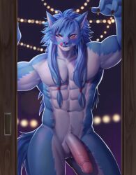 2020 abs aidensuyen17 anthro balls belly blue_body blue_hair candid canid canine canis doorway duga erection fur genitals hair hi_res licking licking_lips licking_own_lips lights looking_at_viewer male mammal muscular muscular_anthro muscular_male night nude penis sega self_lick shining_(series) shining_force_exa solo tongue tongue_out white_belly wolf