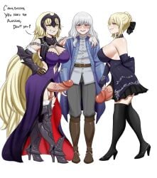 1boy 1femboy 2022 2futas artoria_pendragon artoria_pendragon_(alter) balls berserk big_balls big_breasts big_penis blonde blonde_hair blush blush_lines bow breasts clothed clothing dialogue digital_media_(artwork) erection fate/grand_order fate_(series) fully_clothed futa_is_bigger futa_on_male futanari griffith heels highres holding_hands huge_cock human imminent_sex jeanne_alter jeanne_d'arc_(fate)_(all) jiuukek light-skinned_futanari light-skinned_male light_skin looking_down male mostly_clothed nervous nervous_smile penis penis_out smug standing sweat sweatdrop teasing temptation text thick_penis thick_thighs thighhighs white_background white_hair wide_hips