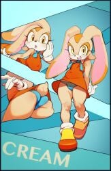 anthro ass blue_border blue_clothing blue_panties blue_underwear blush border clothing cream_the_rabbit cub dress female footwear gloves goblant handwear lagomorph legwear leporid mammal panties pinup pose rabbit sega simple_background socks solo sonic_(series) sonic_the_hedgehog_(series) standing underwear upskirt young