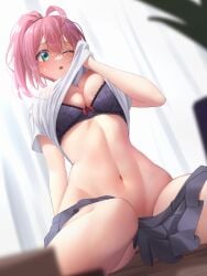 boob_window bra female kaynimatic legs oc short_pink_hair shy skirt_down thighs tummy