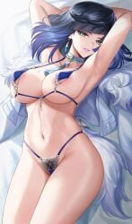 areolae armpits big_breasts breasts dress female genshin_impact kacyu nipples pubic_hair tagme thick_thighs thong yelan_(genshin_impact)