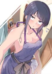 1girls bangs blue_apron blue_eyes blue_hair blush cleavage eye_visible_through_hair eyebrows_visible_through_hair irritated kyoka_jiro looking_at_viewer my_hero_academia naked_apron shinonome_moz9 solo tagme