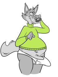 anthro biped blush breasts briefs bulge canid canine canis clothed clothing digital_media_(artwork) erection genitals hi_res male mammal mascot mature_male penis remmyfox simple_background solo sweater symbicort_commercial tighty_whities topwear underwear white_clothing white_underwear wolf