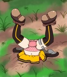 black_thighhighs buried helpless humiliation inugami-ke_no_ichizoku_pose original_character pink_panties shoes stuck stuck_in_ground upside-down