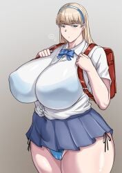 1girls big_breasts blonde_hair blue_bra blue_eyes blue_panties bra bra_visible_through_clothes breasts busty curvaceous curves curvy curvy_body curvy_female curvy_figure enormous_breasts female female_focus female_only huge_breasts large_breasts long_hair love321 massive_breasts original original_character panties school_bag school_uniform schoolgirl schoolgirl_uniform short_skirt skirt solo solo_female voluptuous