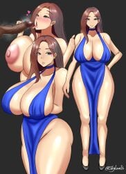 1girls big_breasts blue_dress breasts brown_hair busty censored censored_penis curvaceous curves curvy curvy_body curvy_female curvy_figure female female_focus huge_breasts large_breasts long_hair original original_character penis skyloveit tongue tongue_out voluptuous