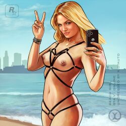 accurate_art_style beach blonde_hair blue_eyes bondage breasts collarbone grand_theft_auto grand_theft_auto_v gtauto-x gtav_cover_girl hand_behind_back legs_crossed necklace pussy smile standing