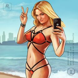 accurate_art_style beach blonde_hair blue_eyes bondage breasts collarbone grand_theft_auto grand_theft_auto_v gtauto-x gtav_cover_girl hand_behind_back legs_crossed necklace red_bra red_panties smile standing