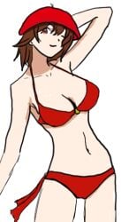 1girls arm_behind_head beret bikini brown_hair cowboy_shot female female_only hat maria_del_carmen navarra red_eyes simple_background solo source_request standing swimsuit virtual_youtuber white_background wink