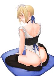 1girl 1girls artoria_pendragon_(fate) bare_back black_legwear blonde_hair blush blushing choker closed_eyes dildo dildo_in_ass dildo_under_clothes fate/stay_night fate_(series) female female_only highres leotard maid maid_headdress necklace pillow pussy_juice saber sex_toy short_hair sitting sitting_on_pillow smile solo tamamoice thigh_highs thighhighs