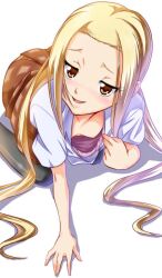 1girls blonde_hair blush down_blouse exposing eyelashes female female_only hagimura_suzu hetare_(pixiv) long_hair open_mouth school_uniform seitokai_yakuindomo shirt_tug small_breasts smile solo very_long_hair