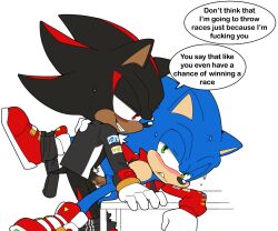 andromorph anthro arrow_hearted balls blush bodily_fluids bottomless clothed clothing cuntboy dialogue duo exposed_torso footwear furniture genitals handwear hi_res intersex intersex/male jacket male on_table outerwear penis pubes pussy sega shadow_the_hedgehog sonadow sonic_(series) sonic_the_hedgehog sonic_the_hedgehog_(series) speech_bubble sweat table topwear vaginal_penetration