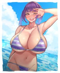 1girls 2022 arm_up beauty_mark bikini blood_hood blush breasts cleavage ella_(blood_hood) female female_only highres hips huge_breasts long_hair looking_at_viewer mole_under_mouth original original_character outdoors purple_bikini purple_eyes purple_hair slim_waist smile striped_bikini thick_thighs thighs twintails water wide_hips wink