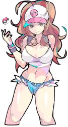 1girls alternate_breast_size breasts brown_eyes brown_hair cleavage denim_shorts enpe female female_only hilda_(pokemon) large_breasts looking_at_viewer nintendo pokemon short_shorts shorts solo white_background