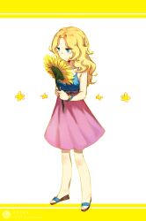 1girls blonde_hair blue_dress blue_eyes bracelet clothed haley_(stardew_valley) holding_sunflower light-skinned_female long_hair pink_skirt simple_background solo solo_female stardew_valley sunflower