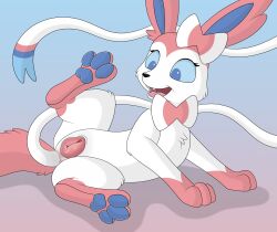 animal_genitalia animal_pussy blue_eyes canine_pussy eeveelution female feral fur genitals hi_res nintendo open_mouth pink_body pink_fur pokémon_(species) pokemon pussy raised_leg ribbons skateryena solo spread_legs spreading sylveon video_games white_body white_fur