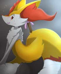 ambiguous_gender anthro bed blush bodily_fluids braixen canid canine eiroru female fox furniture hi_res inner_ear_fluff mammal nintendo orange_eyes pokémon_(species) pokemon pokemon_(species) smile solo stick sweat tuft video_games