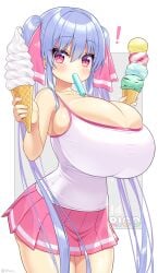 ! 1girls barely_contained big_breasts blue_hair blush breast_squish cute english_text exclamation_point female female_only hair_ornament hair_ribbon hourglass_figure huge_breasts ice_cream long_hair looking_at_viewer original pink_eyes ribbon riko_(shuz) short_skirt shortstack shuz_(dodidu) skindentation solo stretched_clothing tank_top text thick_thighs thin_waist tight_clothing twintails white_skin wide_hips